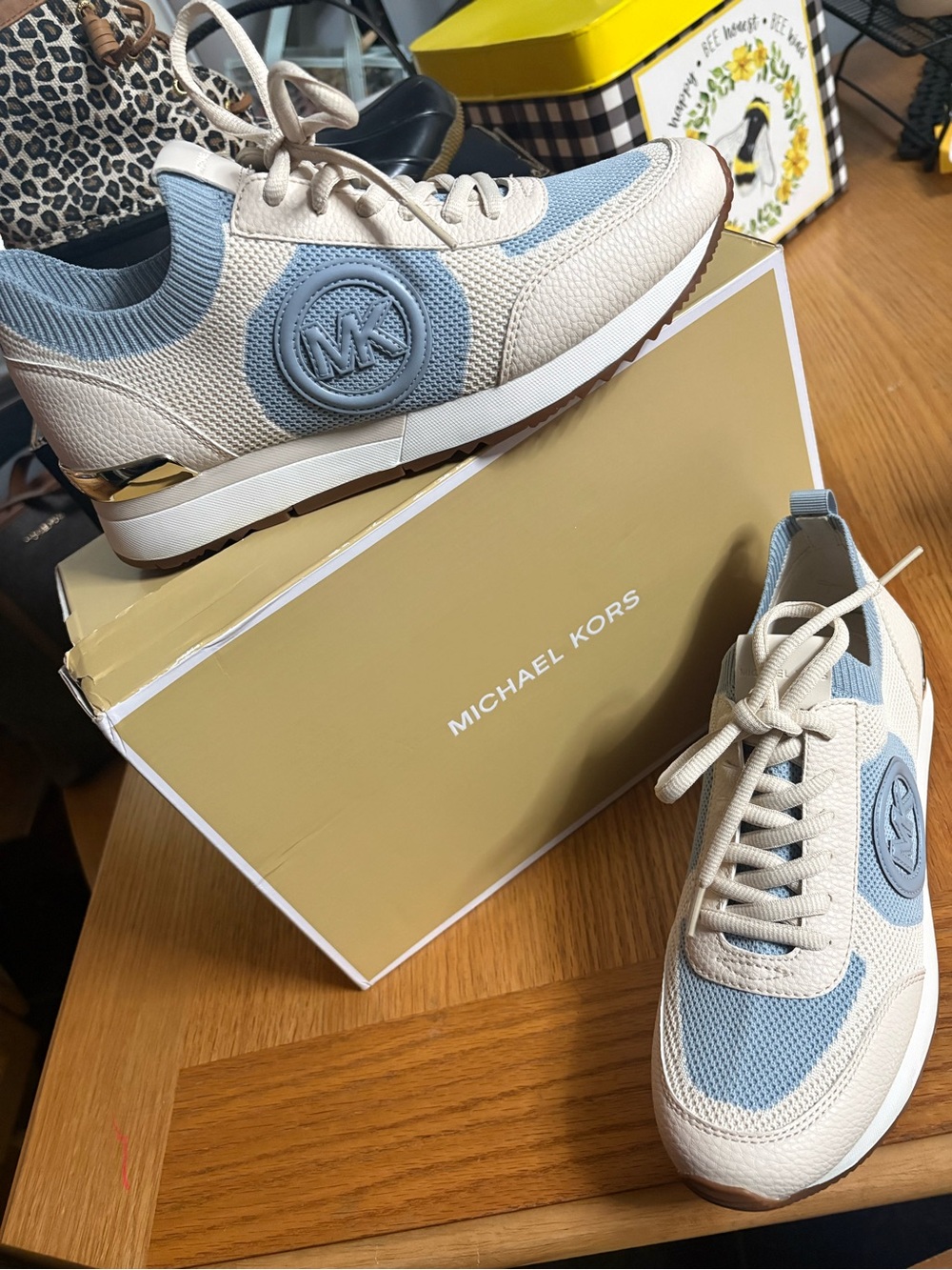 Michael Kors Jenkins Lnot Trainer in Cream and Light Blue Sneakers